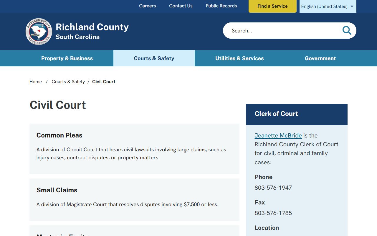 Richland County civil court landing page for court records
