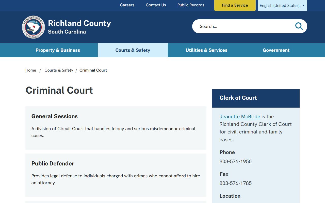 Richland County criminal court page for arrest and court records