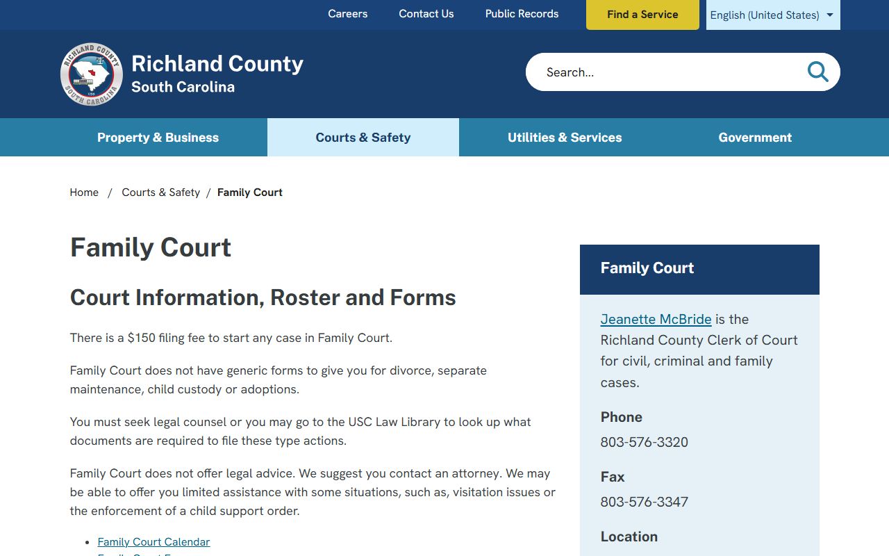 Richland County Family Court page for divorce records