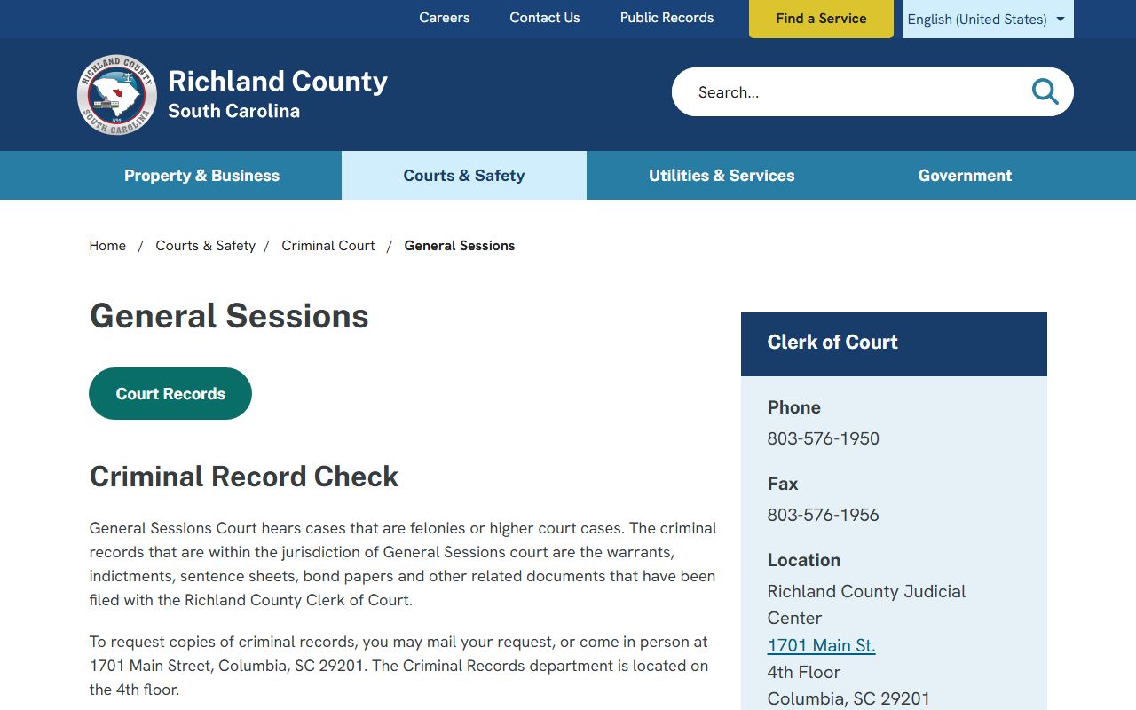 Richland County General Sessions criminal court records page