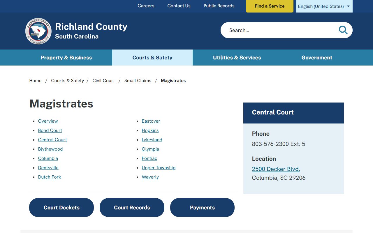 Richland County magistrate court listing for court records