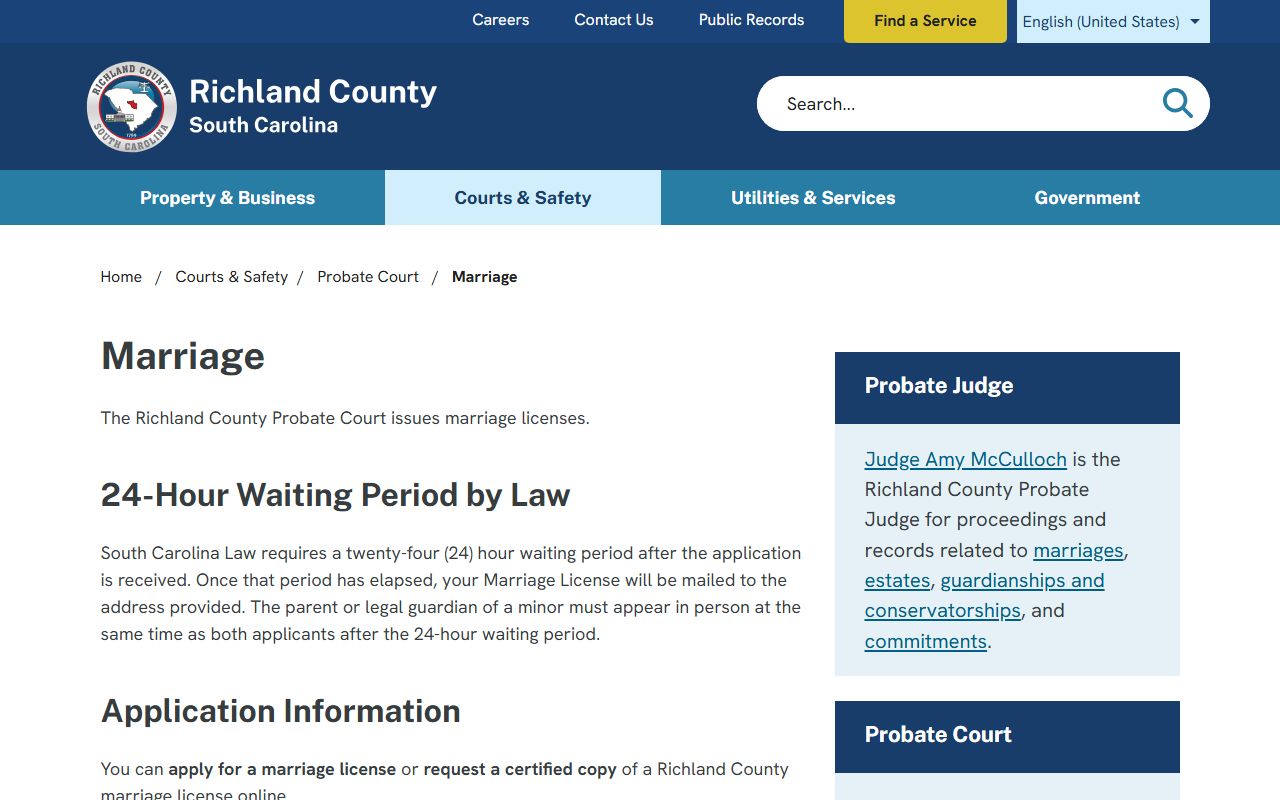Richland County Probate Court marriage license page