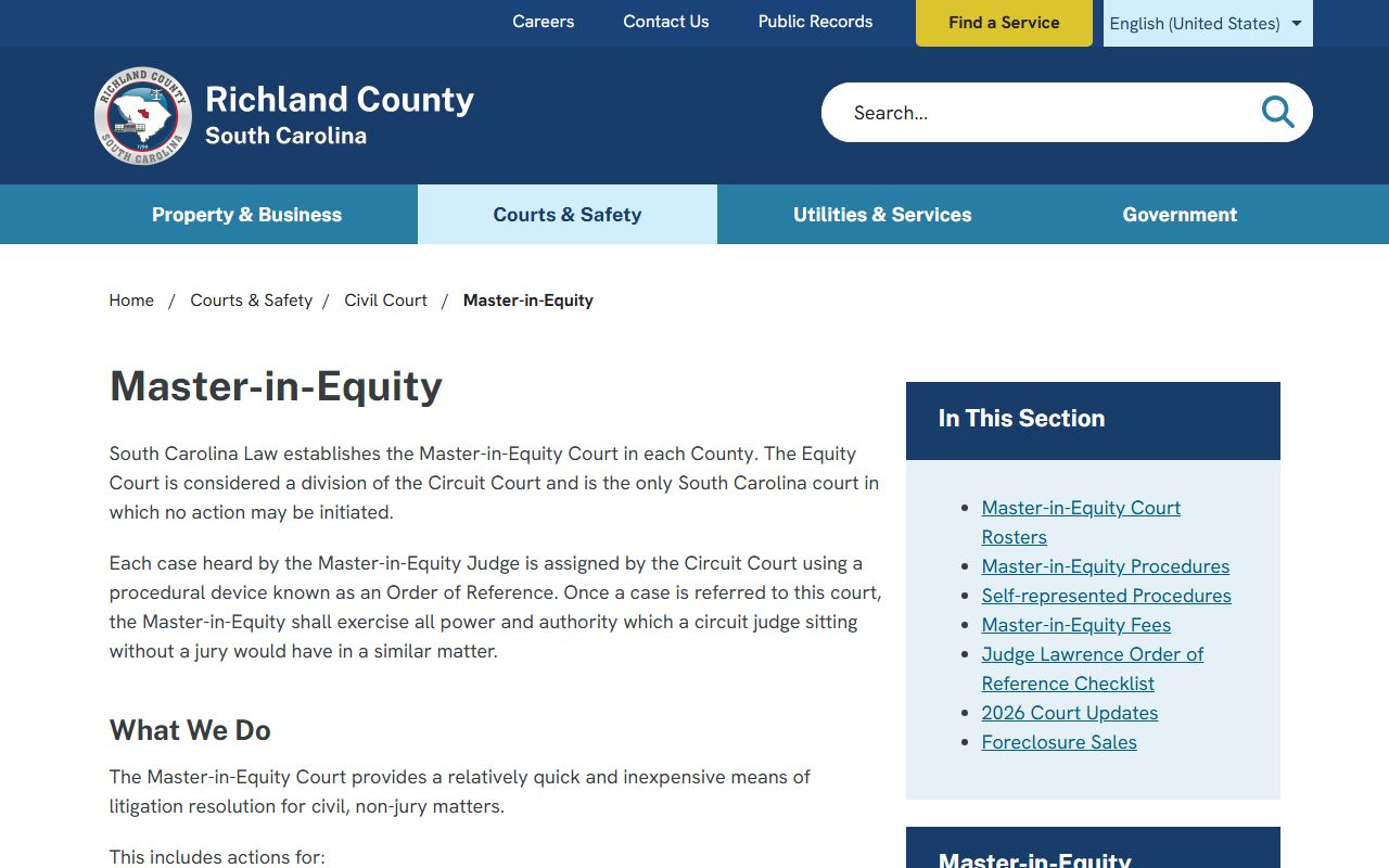 Richland County Master-in-Equity page explaining jurisdiction