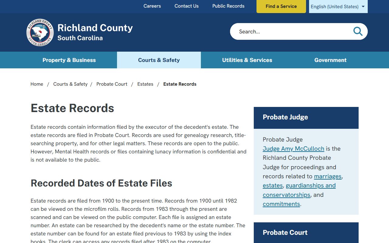 Richland County estate records page for probate records search