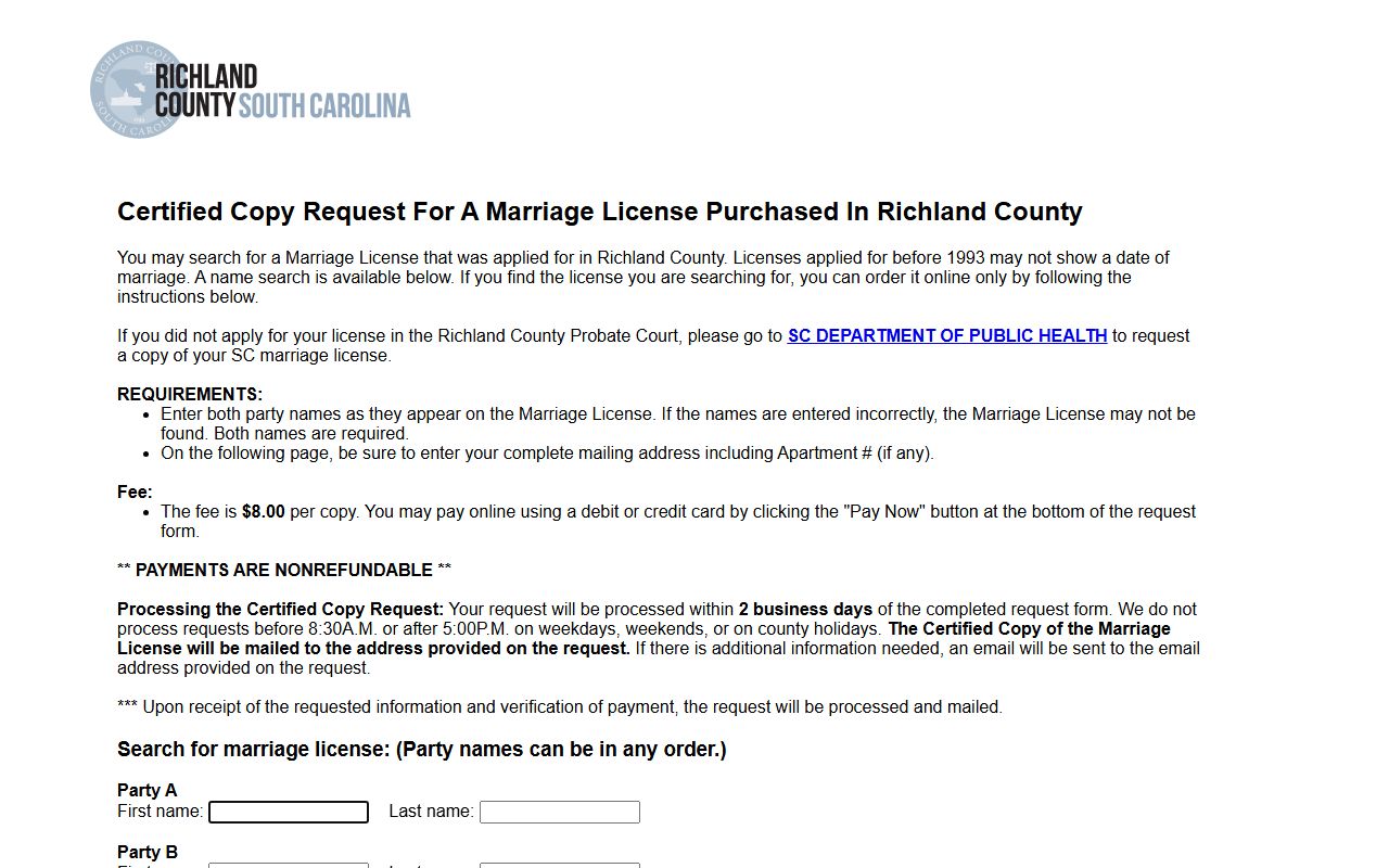 Richland County marriage certified copy search form