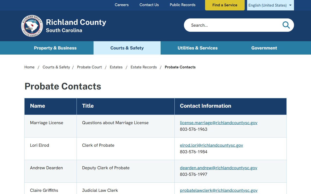 Richland County probate contacts page listing staff