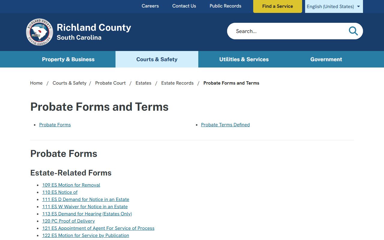 Richland County probate forms and terms page