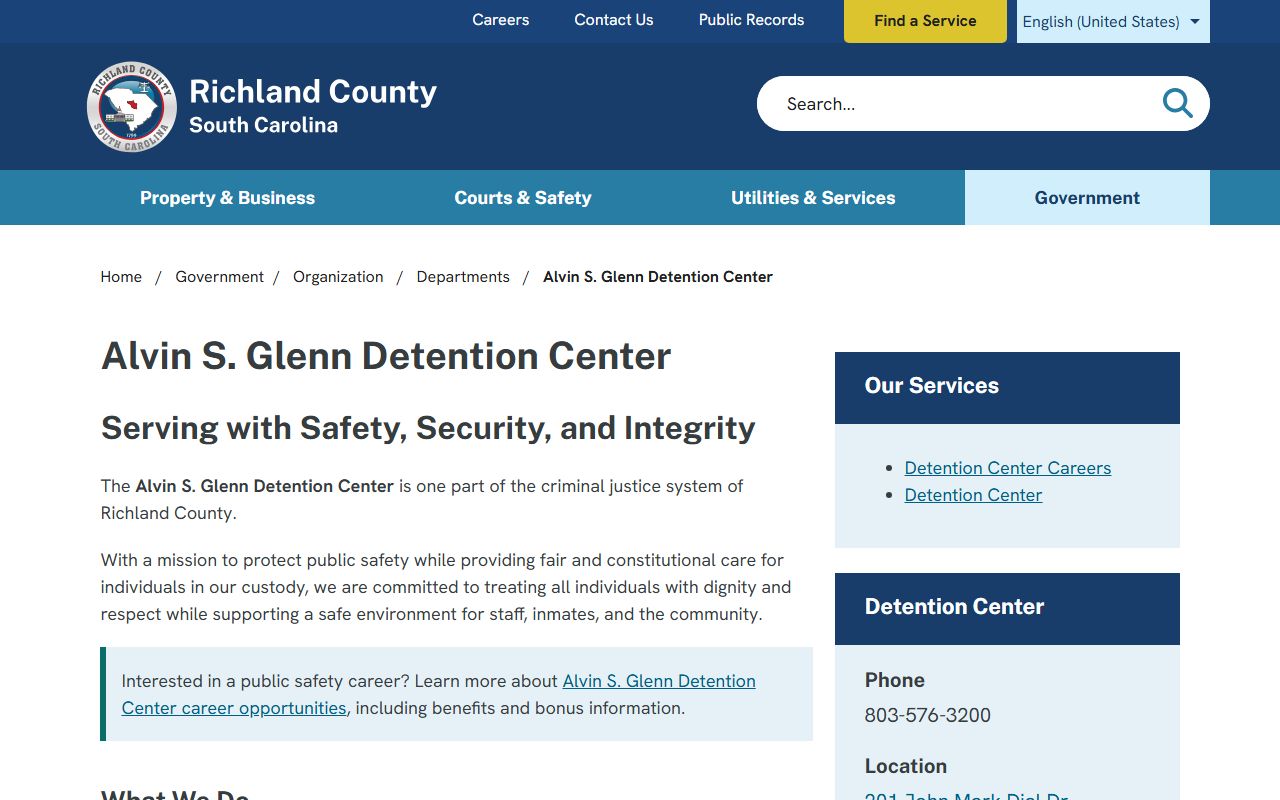 Alvin S. Glenn Detention Center page for Richland County inmate records