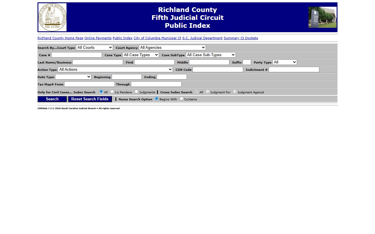 Richland County Public Index court records search page