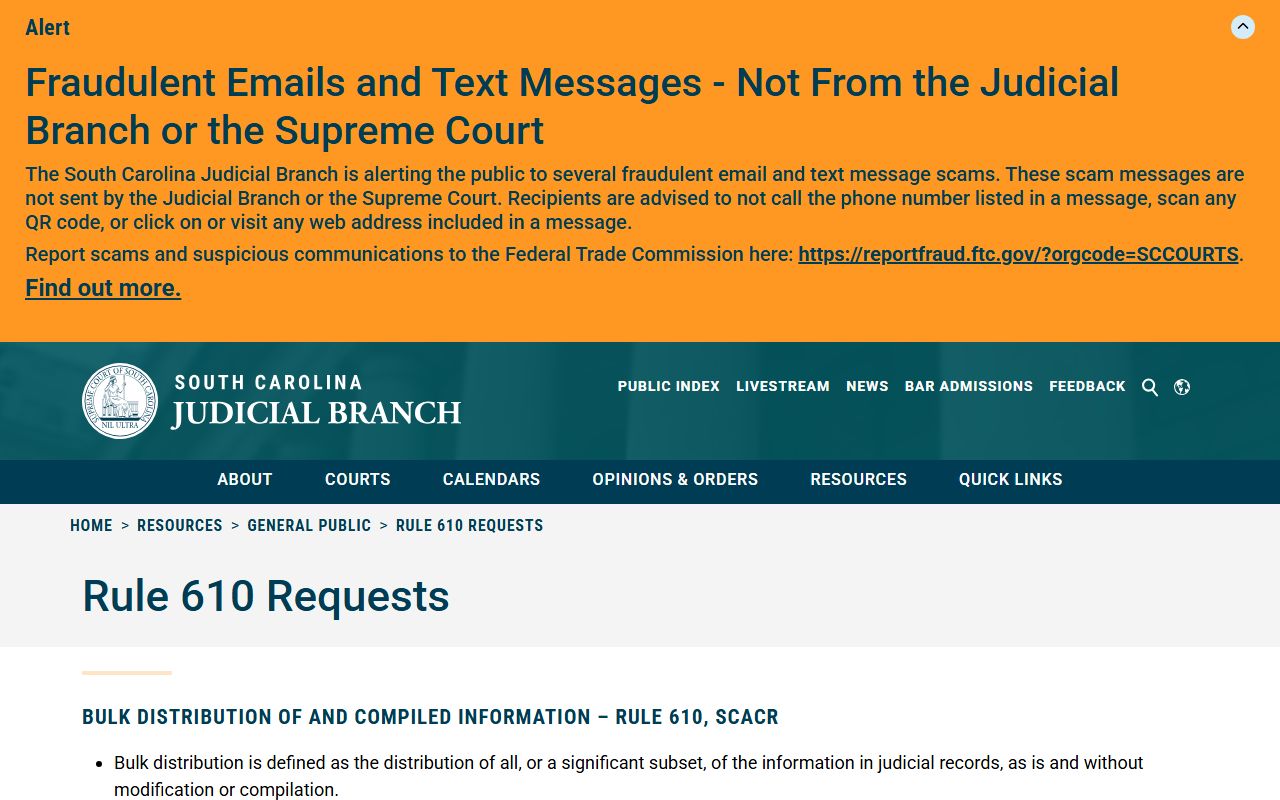 South Carolina Rule 610 judicial data request page for Richland County records