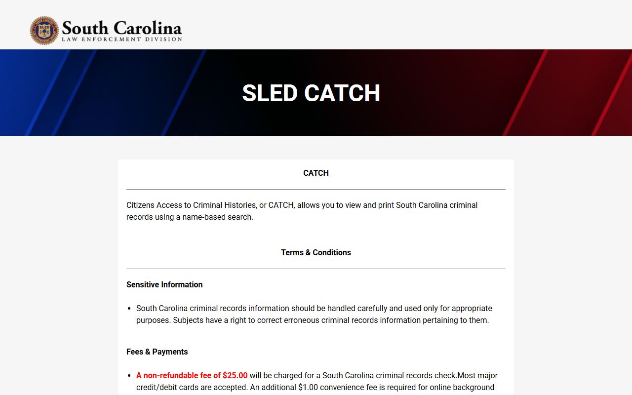 SLED CATCH statewide criminal records portal for Richland County