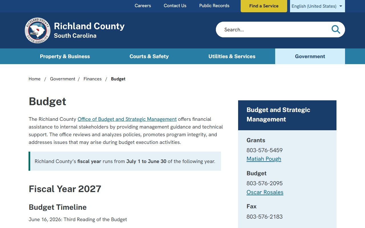 Richland County budget information page for jail population data