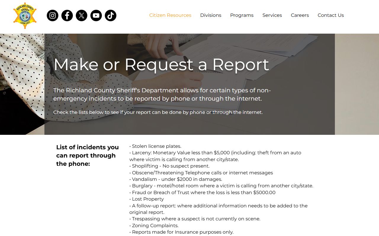 Richland County Sheriff arrest and incident report request page